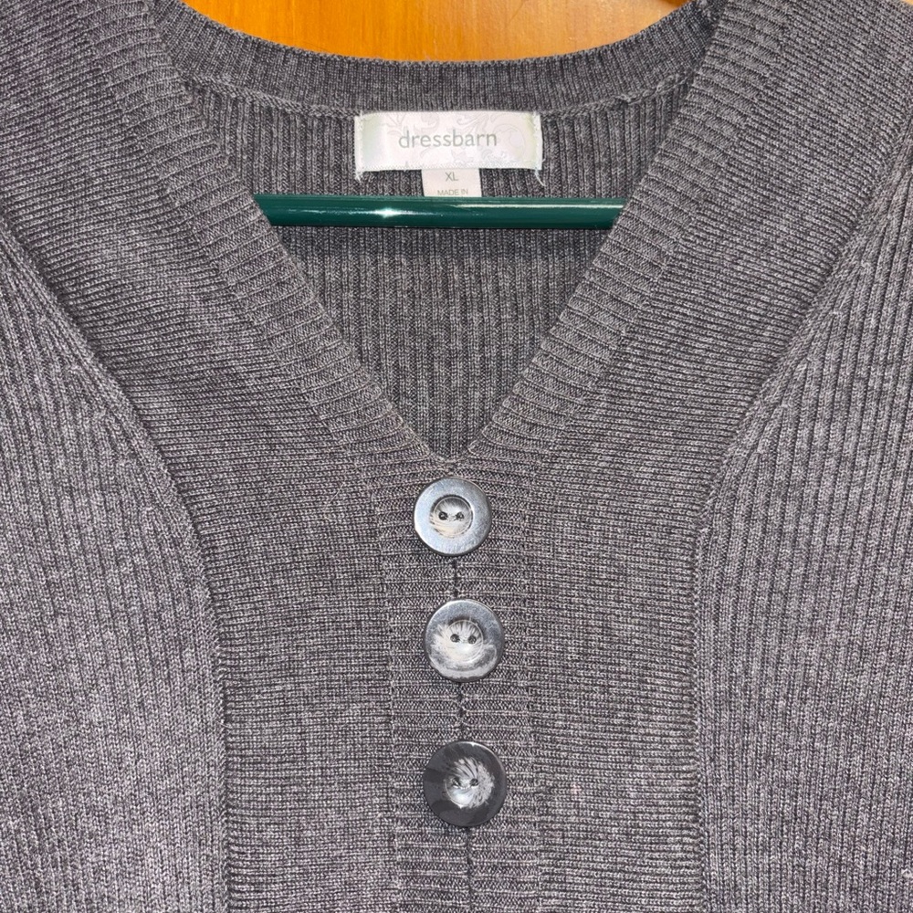 Dressbarn Charcoal Gray V-Neck Sweater with Button Detail (Size XL)